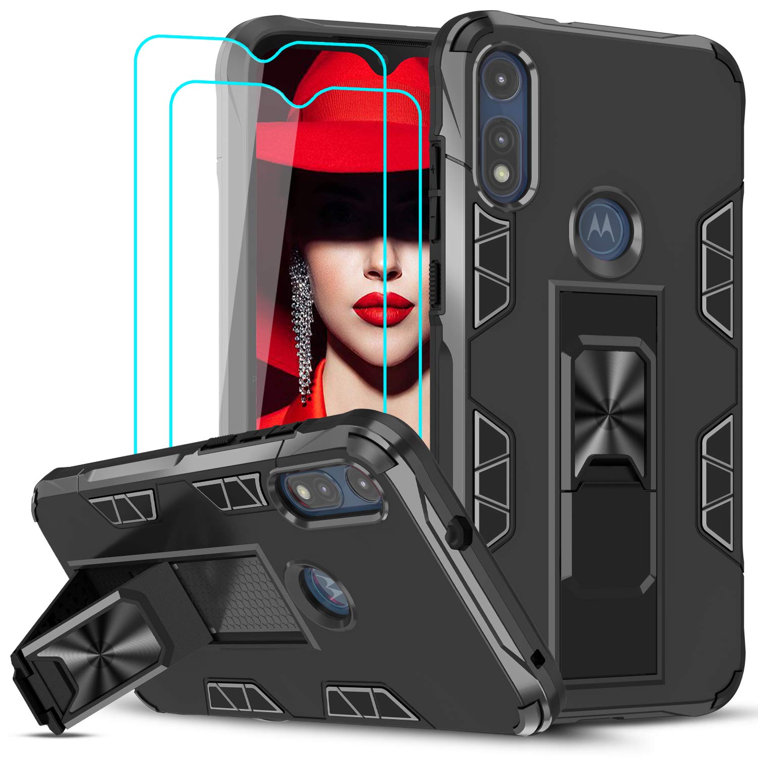 LeYiCompatible with Moto E Phone Case, Motorola Moto E Case with Tempered Glass Screen Protector [2Pack], Military-Grade Shockproof Built-in Kickstand Car Mount Phone Cover Case for Moto E 2020,Black