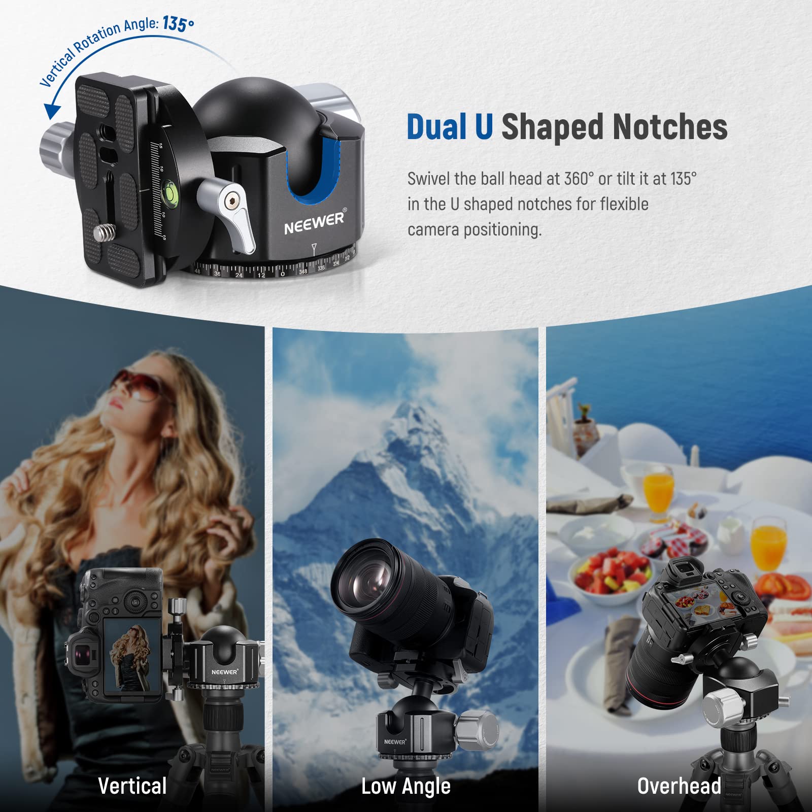 NEEWER Cabezal de Bola de Perfil bajo de 44 mm, aleación de Aluminio CNC Resistente con Doble panorámica de 360° y Tornillo de 1/4 Pulgadas, Placa Tipo QR para cámara DSLR, videocámara, trípode,