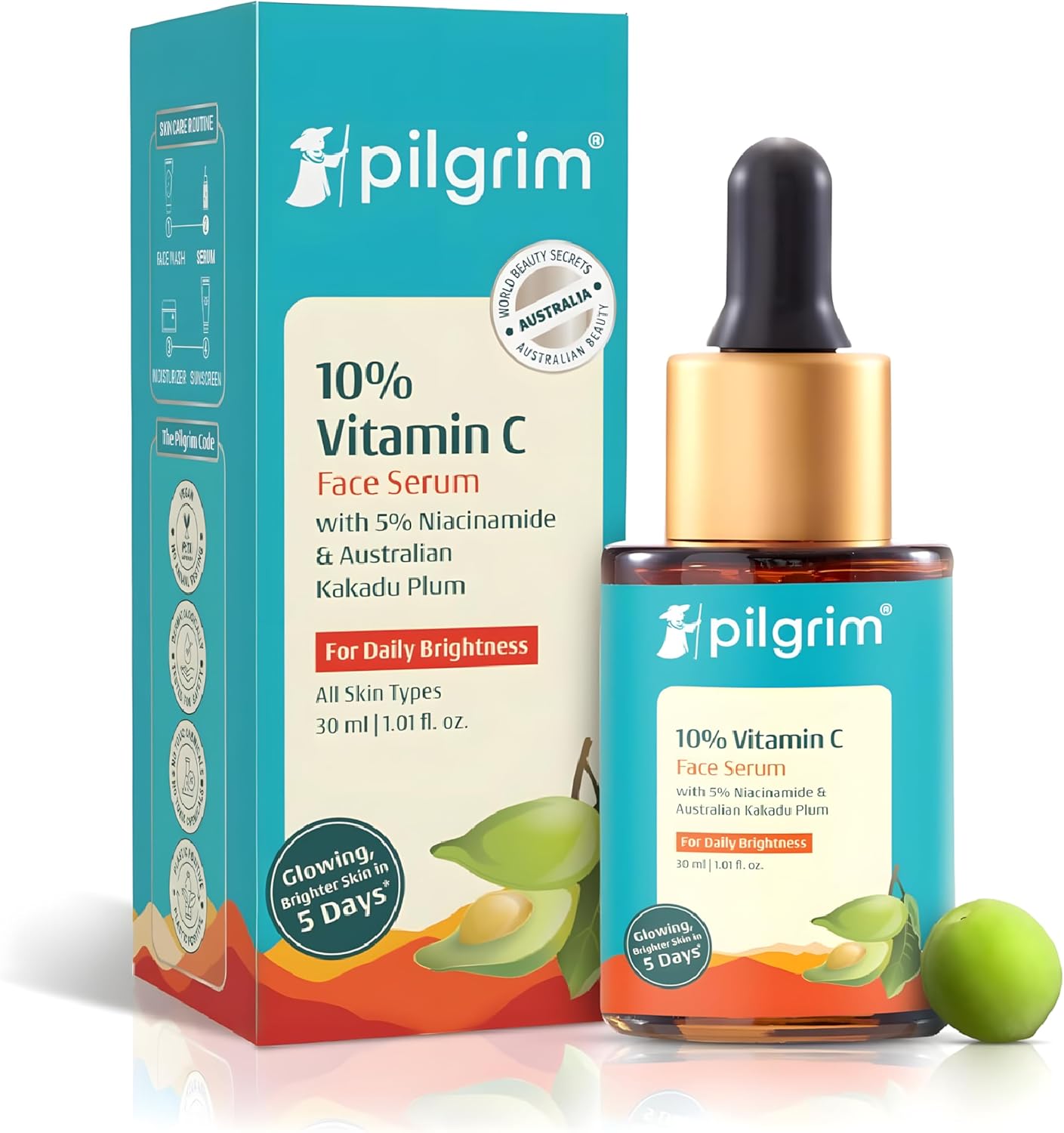 Pilgrim 10% Vitamin C Serum 30ml for Glowing Skin|With 5% Niacinamide, Hyaluronic & Glycolic Acid | Fades Dark Spots, Pigmentation | For All, Oily, Combination, Normal Skin | Men & Women
