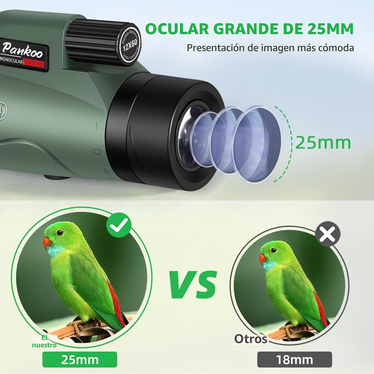 Pankoo Telescopio monocular HD 12 x 60 para adultos | Se entrega con adaptador para smartphone, trípode y correa de muñeca | Ideal para observación de aves, deportes, senderismo, viajes