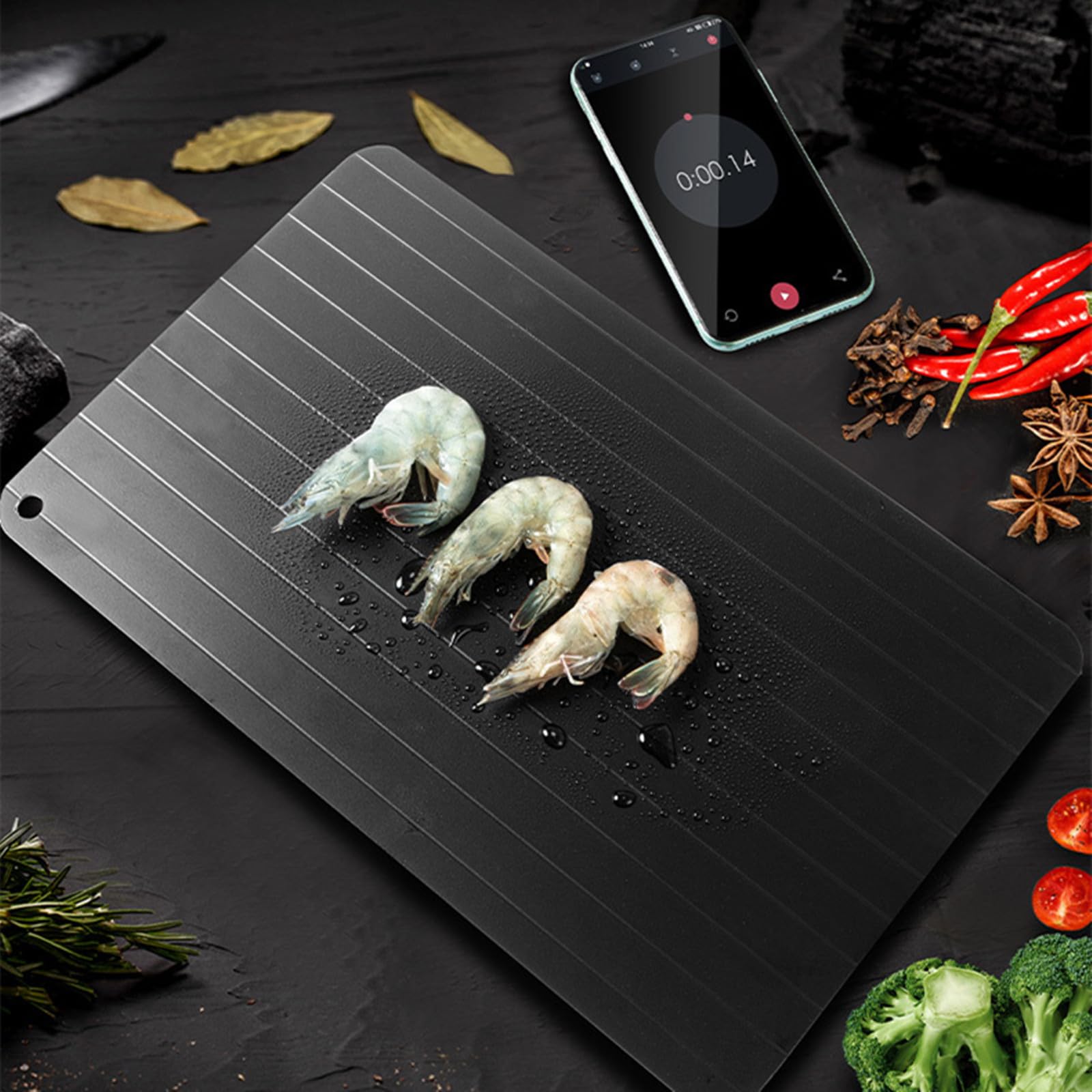 1 pz Vassoio di scongelamento Alimenti Piastra di scongelamento metallo Alluminio Nero Fast Safe Food Carne Casa Cucina Gadget (9.06 × 6.50 × 0.08in)