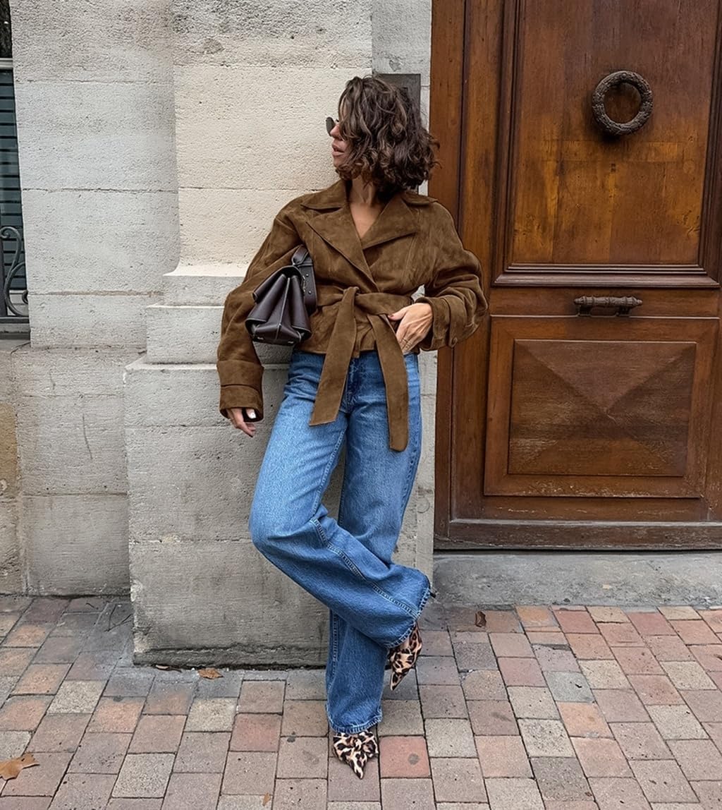 RISCUYY Suede Jacket Women Brown Belted Long Sleeve Lapel Button Down Cropped Faux Suede Jacket Women 2025 - Image 3