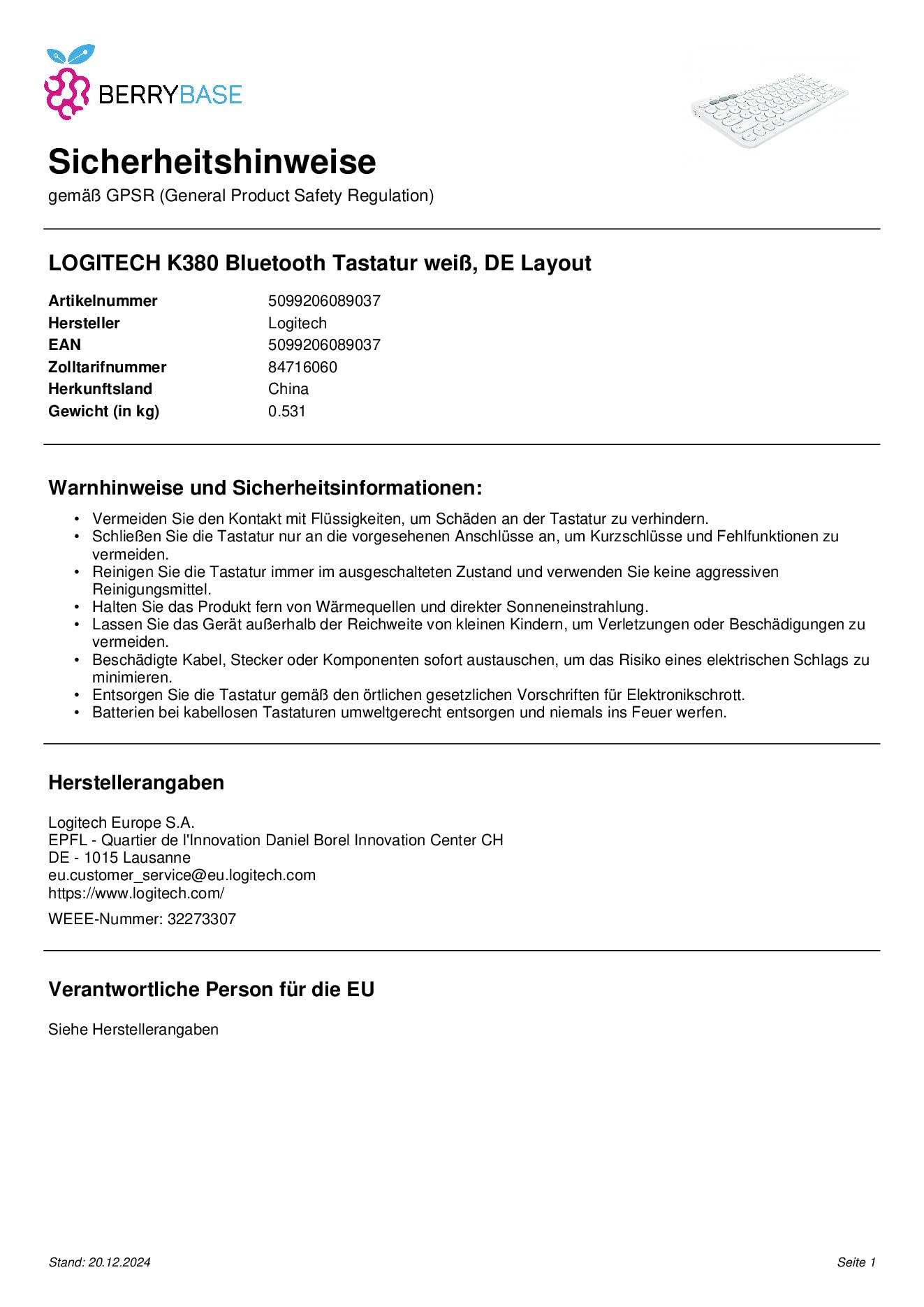 Logitech K380 Tastiera, Layout Tedesco Qwertz, Bianco
