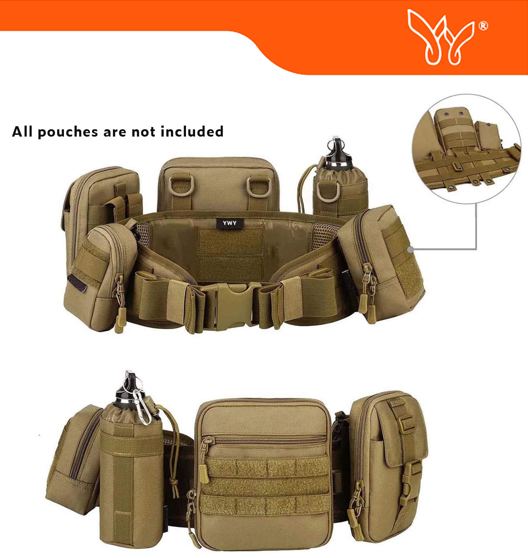 MOLLE Ceinture tactique rembourrée avec bretelles pour usage extérieur Marron