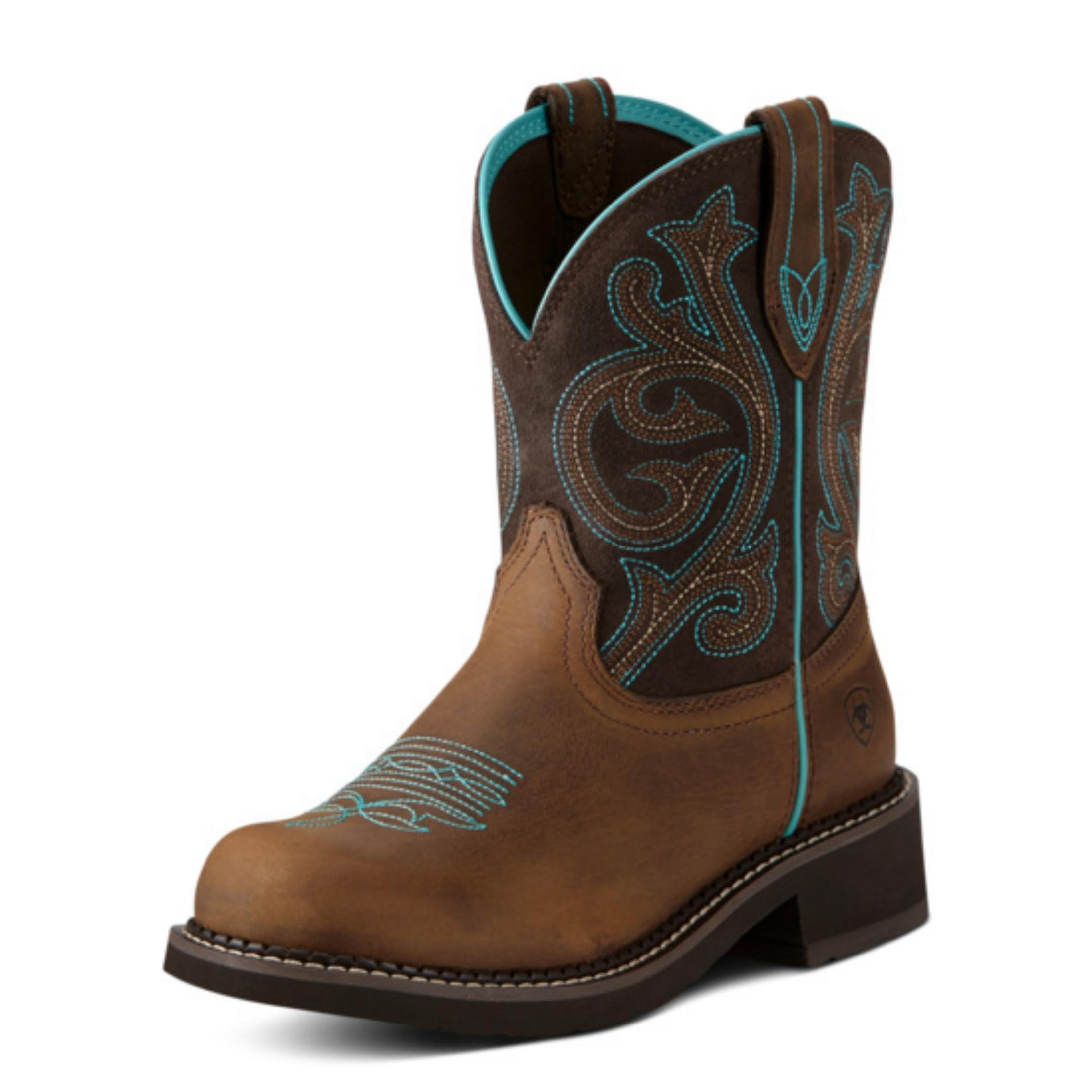 Ariat Womens Fatbaby Heritage Embroidered Round Toe Pull On Casual Boots Ankle Low Heel 1-2" - Blue, Brown