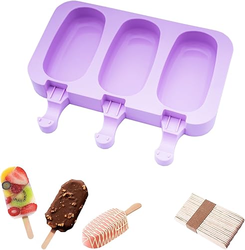 beicemania Molde ovalado de silicona para paletas de hielo con palillos de madera para hacer paletas de hielo, color violeta
