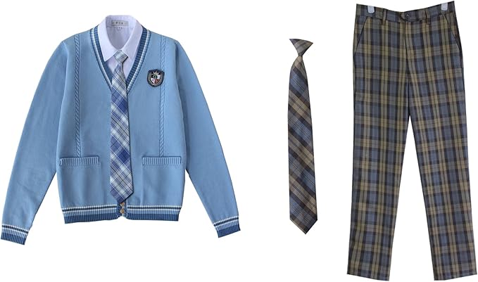 Amazon Co Jp Yunfchai 高校生 メンズ 制服 セット 格子柄 パンツ スクールパンツ ニットカーディガン 学生服 コスプレ 卒業式 入学式 制服 ネクタイ 6点セット ホビー