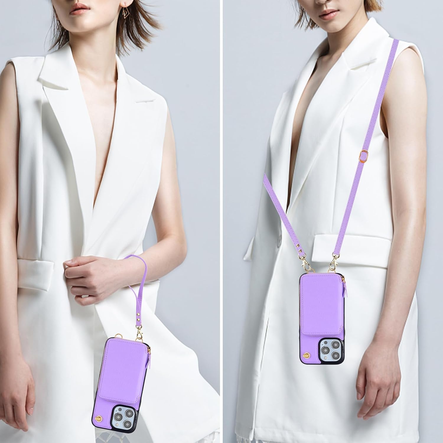 Bocasal Crossbody Wallet Case for iPhone 14 Pro Max, RFID Blocking Leather Purse Case with Card Holder, Protective Handbag Flip Cover with Zipper Wrist Strap Lanyard for Women 5G 6.7 Inch (Purple)