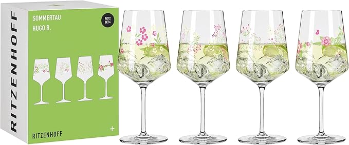 RITZENHOFF 6041003 Hugo-Glas 4er-Set 500 ml – Aperitif-Gläser – Blumenmotiv, bunt – Serie Sommertau – Made in Germany
