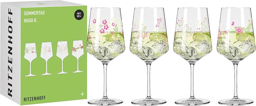 RITZENHOFF 6041003 Hugo Glass Set of 4 500 ml Aperitif Glasses Flower Motif Colourful Summer Dew Series Made in Germany