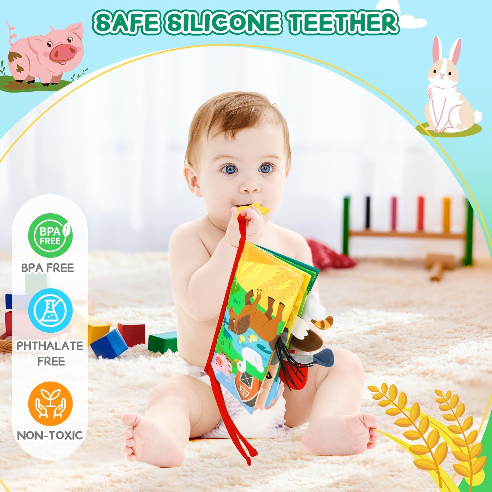 Libro suave para bebé, juguete para bebés, regalo de ducha para niños recién nacidos, juguete para la hora boca abajo, para bebés de 0 a 6 a 12 meses, libro sensorial para tocar y sentir con 9