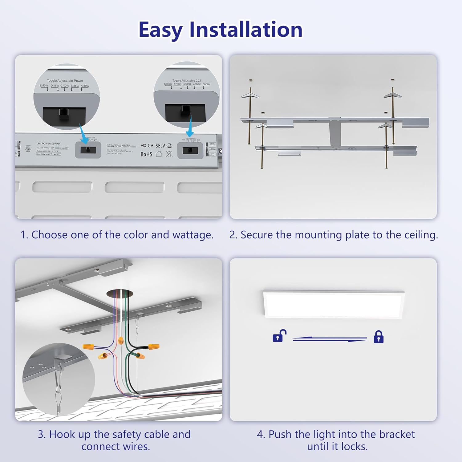 AIKVSXER 1x4 Led Flat Panel Light Surface Mount-2 Pack, 50W 5500Lm Dual Selectable 5CCT 3000K/4000K/5000K/5700K/6500K and Wattage 30-50W 0-10V Dimmable Ceiling Light Fixture for Kitchen/Laundry