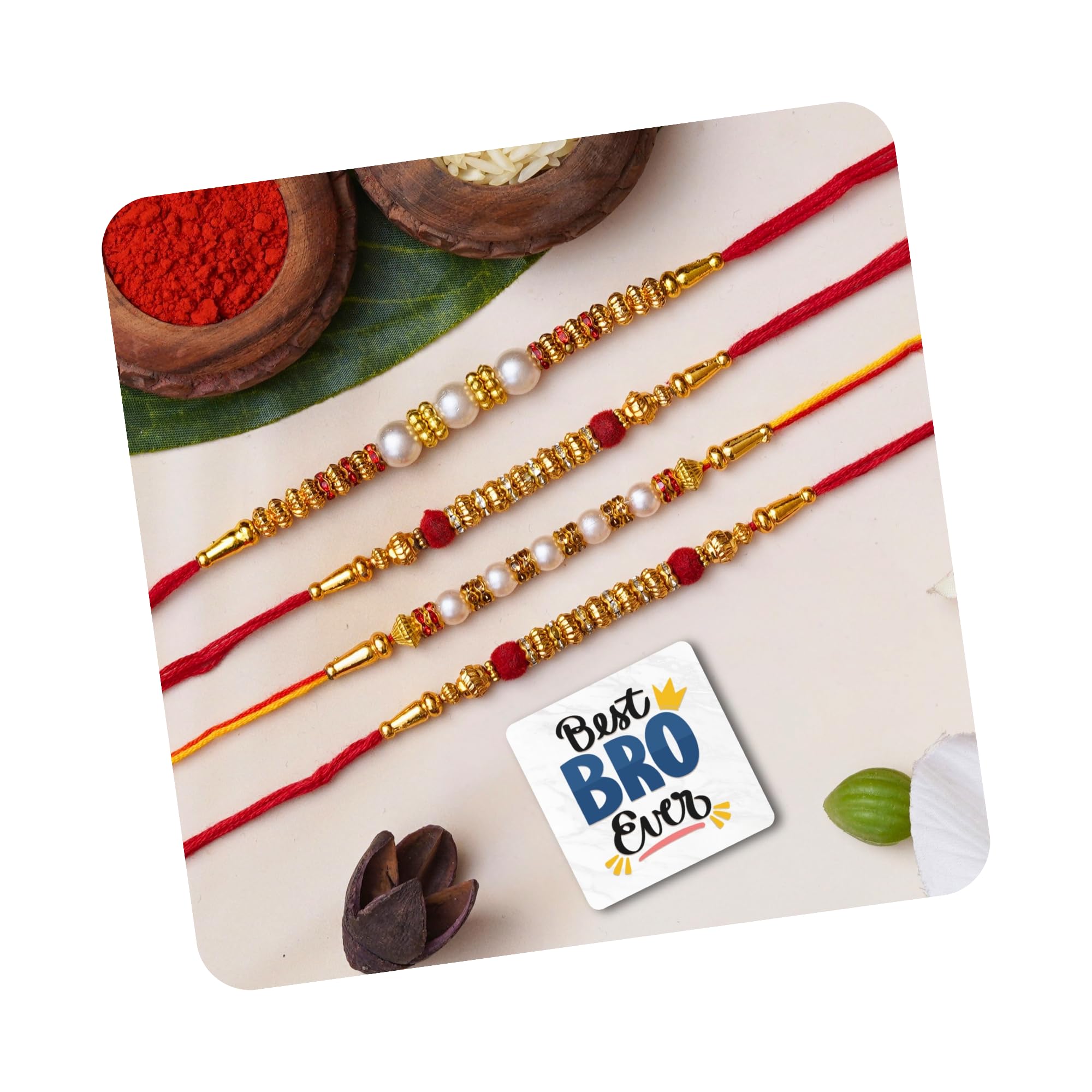eCraftIndia Set of 4 Red, Golden & White Beads, Pearl, Diamond Designer Rakhis, Best Bro Ever Fridge Magnet with Roli Chawal Pack - Rakhi for Brother, Bhaiya, Bhai-image-43