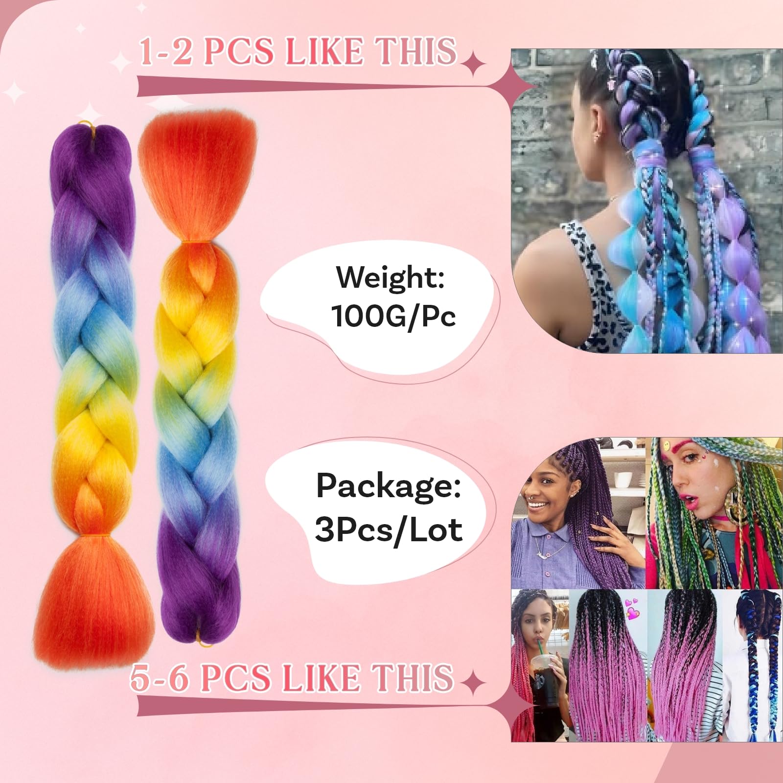 SEGO Pro Braiding Hair Extensions 24 Inch Yaki Synthetic Jumbo Box Braid Hair for Crochet Twist Braids for Women Pack of 3 (Purple to Blue to Yellow to Orange) - Image 3