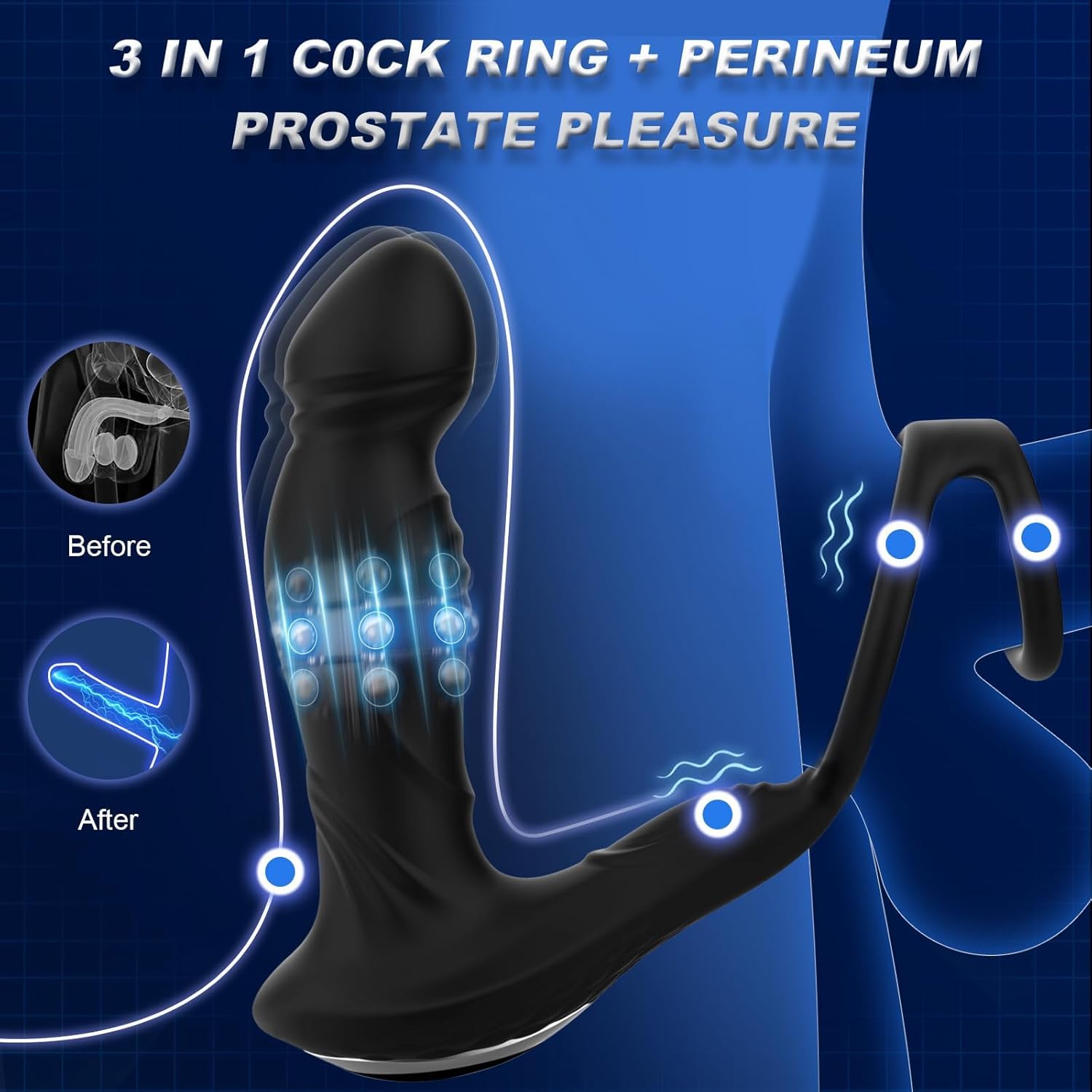 Massaggiatore prostatico con anello, massaggiatore vibrante 3 in 1 per uomo, articoli erotici, anello vibrante con 7 modalità, massaggiatore vibrante per uomo
