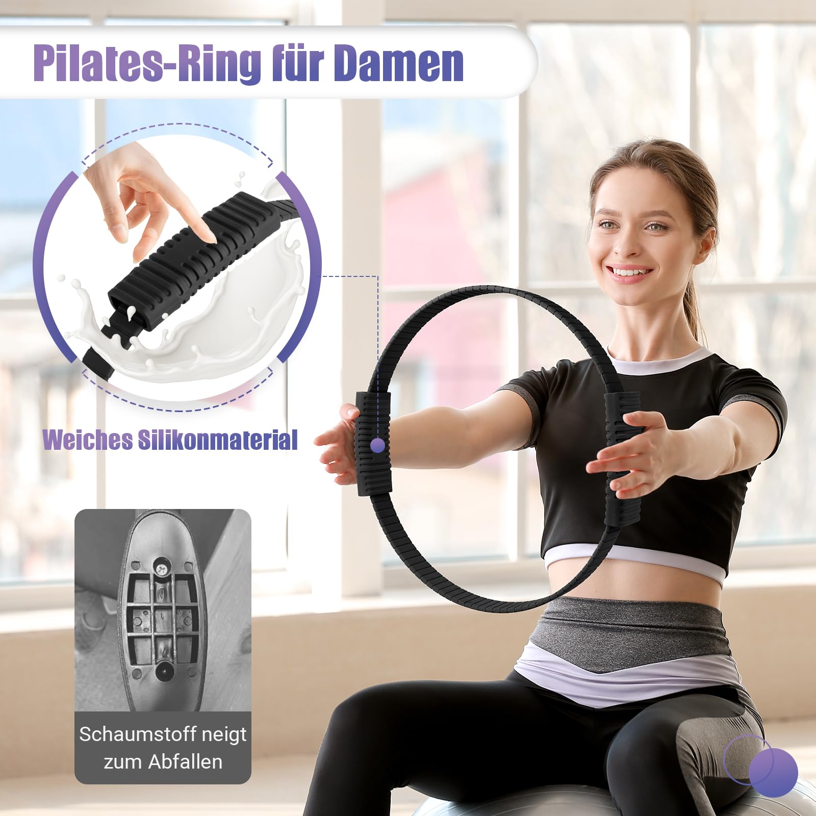 Pilates Ring, 34.5cm Silicone Pilates Magic Circle mit Doppelten Rutschfesten Griffen, Training Poster & Tragbarer Tasche, Pilates Ring Übungen für Beine Arme & Oberschenkel Gewichtsverlust für Frauen