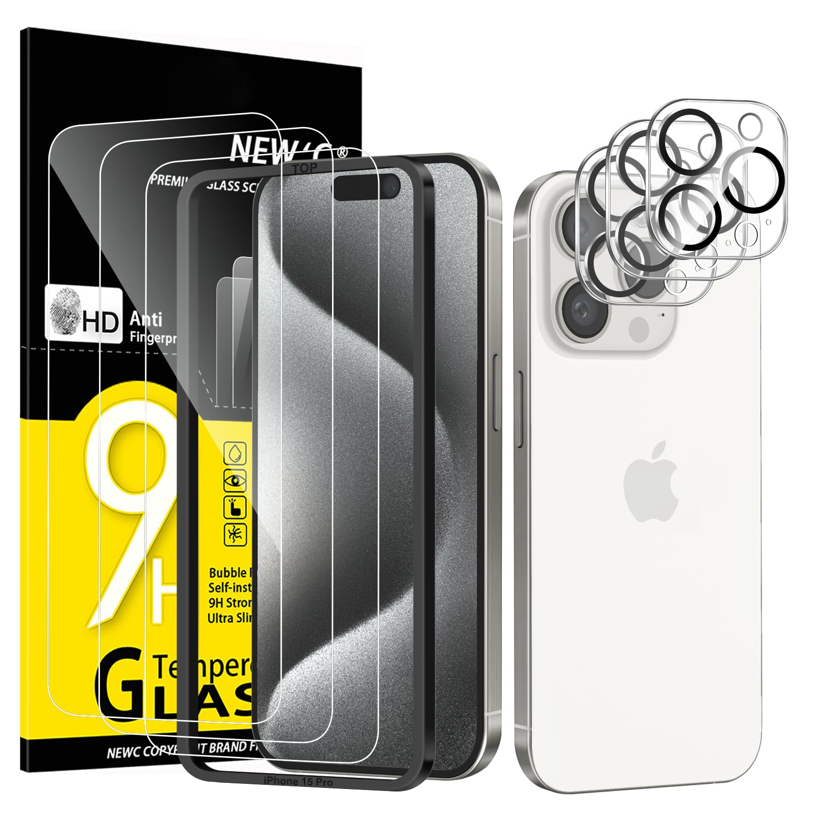 NEW'C for iPhone 15 Pro Screen Protector + Camera Lens Protector