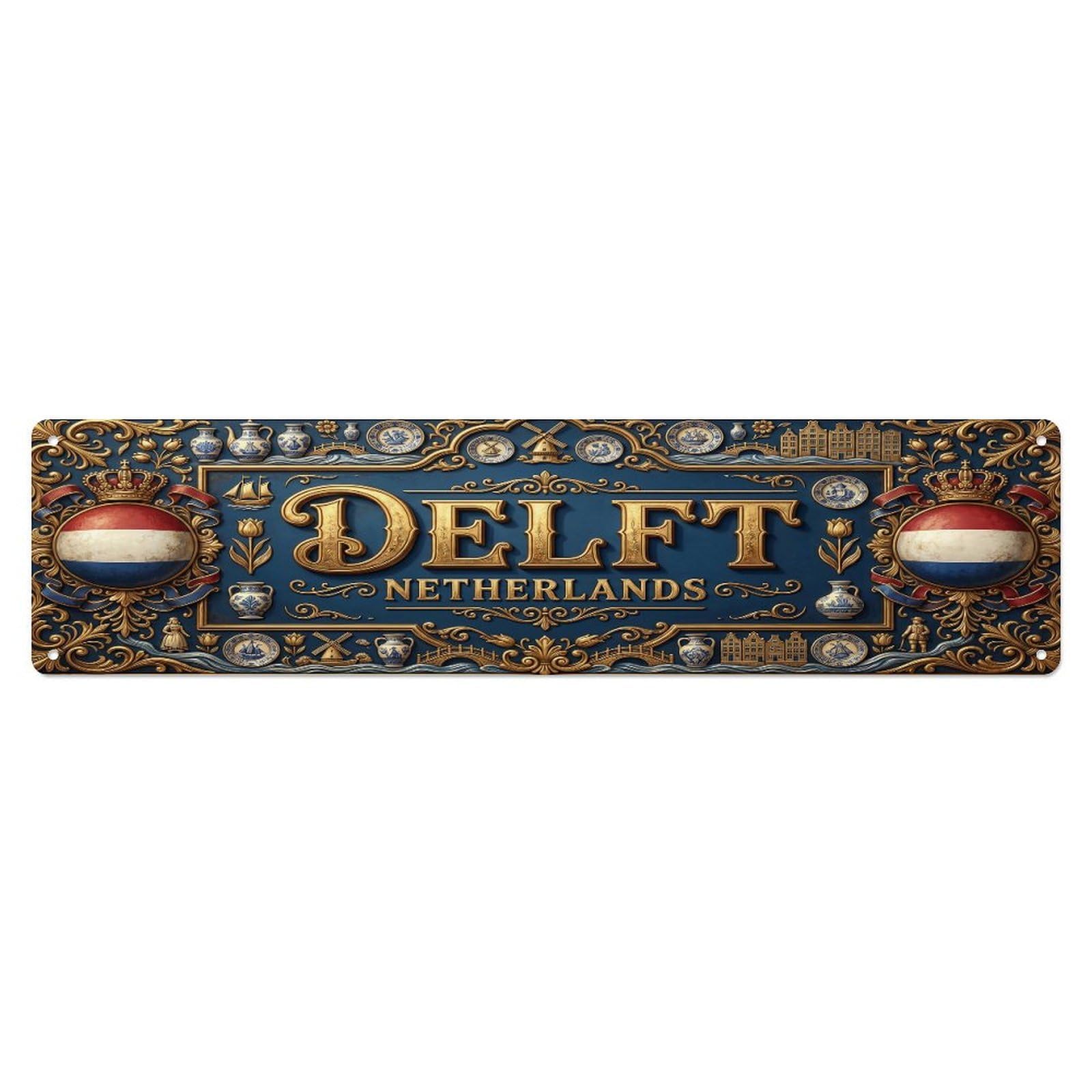 Cmhok Vintage Style Vintage Delft Netherlands Flag Pattern Metal Tin Sign Wall Decor For Cafe, Club, Garden Metal Poster 4X16inch