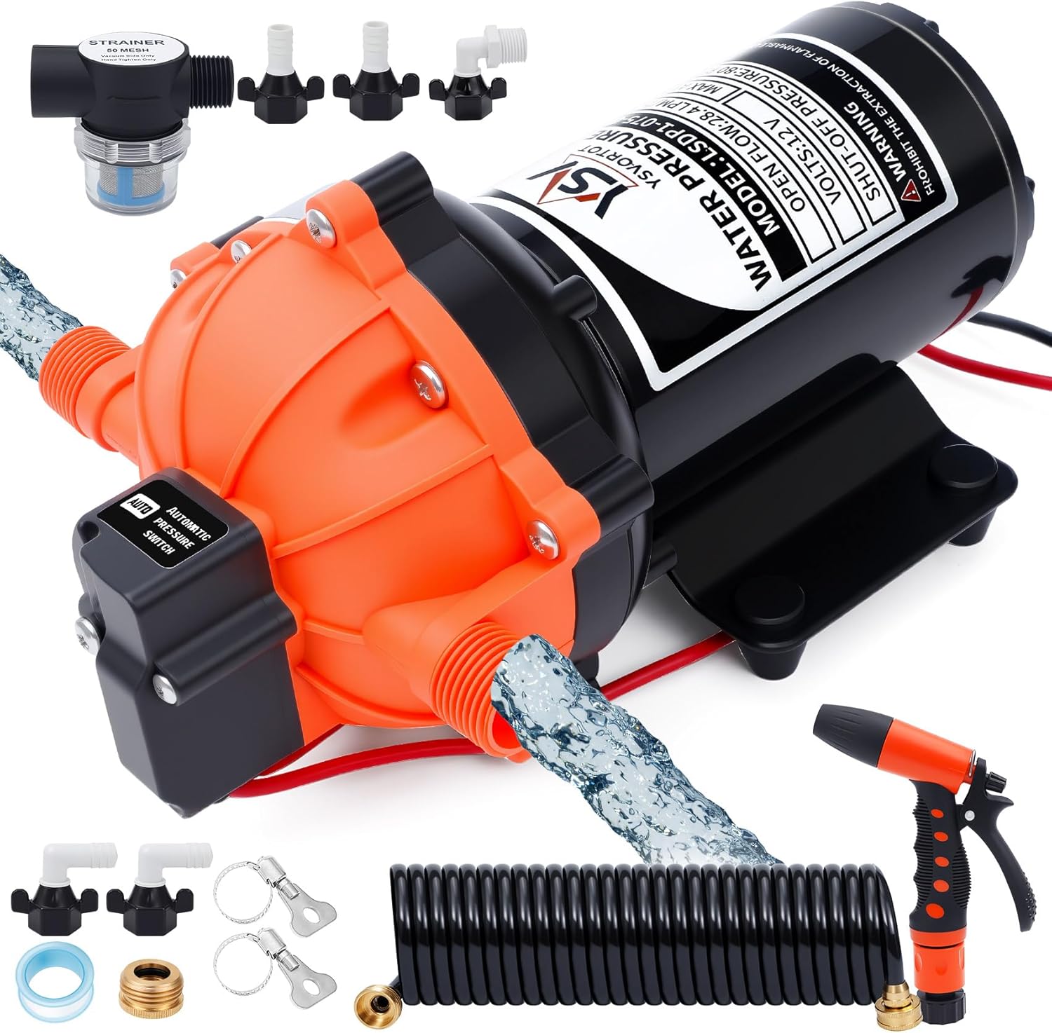 80PSI 7.5 GPM Washdown Deck Wash Pump Kit - 12V Self-Priming Marine/RV Water Pump with Strainer & Pressure Switch, for Boats, Yachts, Campers, Travel Trailers & Sprayers