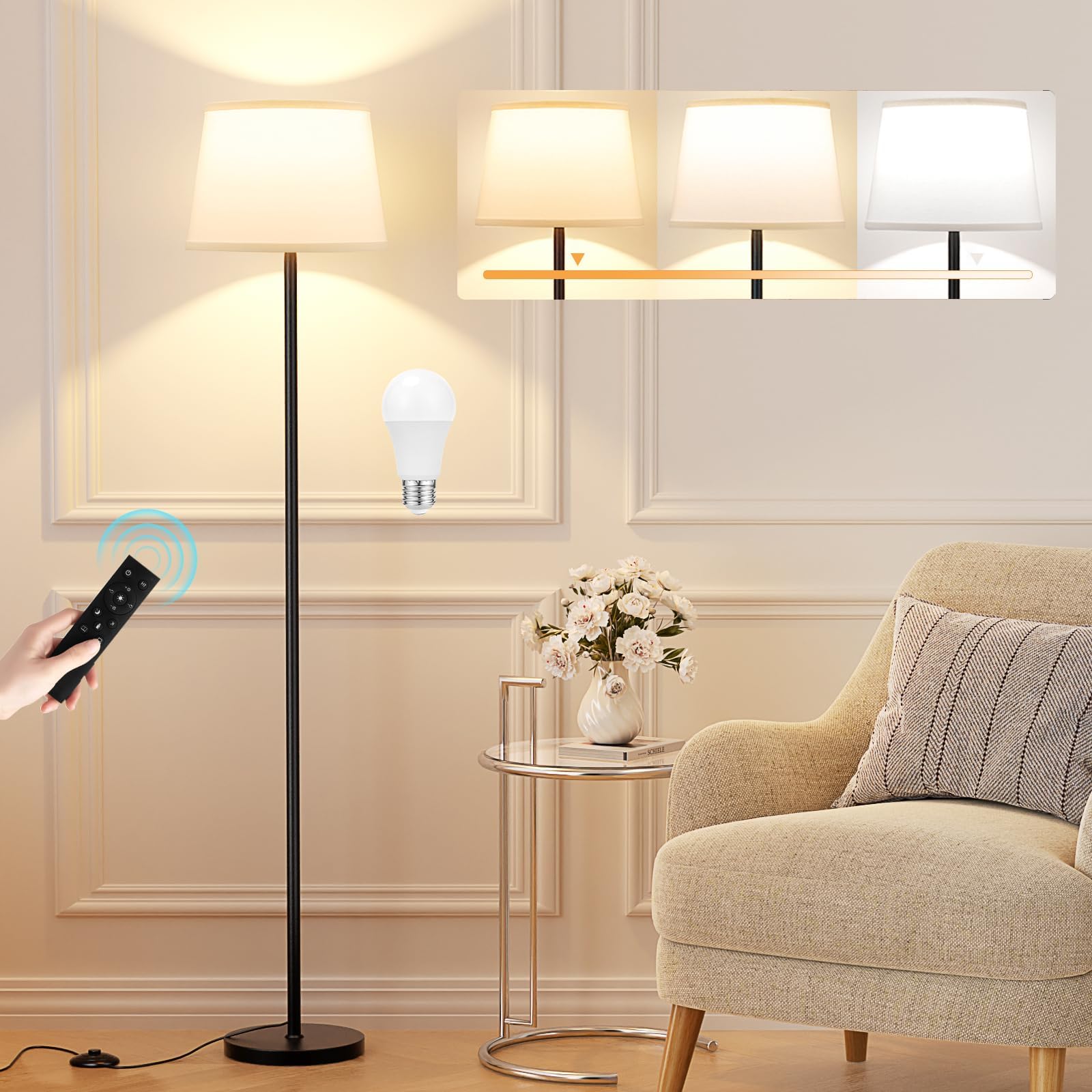 Raexpectis Modern Floor Lamp with Adjustable Brightness, Remote Control, Black, LED Bulbs, White Shade, Foot Switch, Easy Assembly