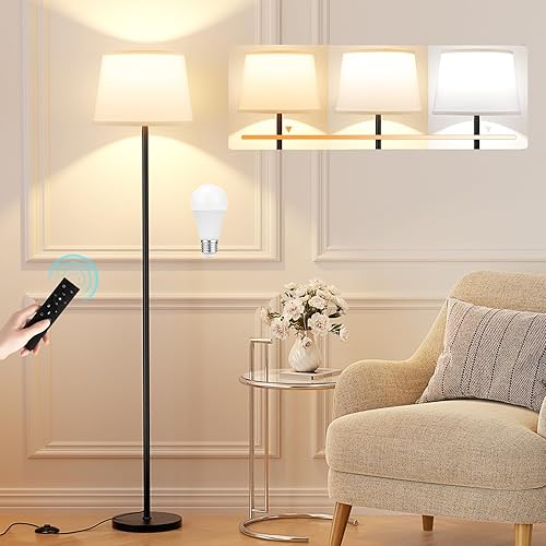 Miniatura 1 de Lámpara de pie moderna con brillo ajustable, control remoto, negro, bombillas LED, pantalla blanca, interruptor de pie, fácil montaje