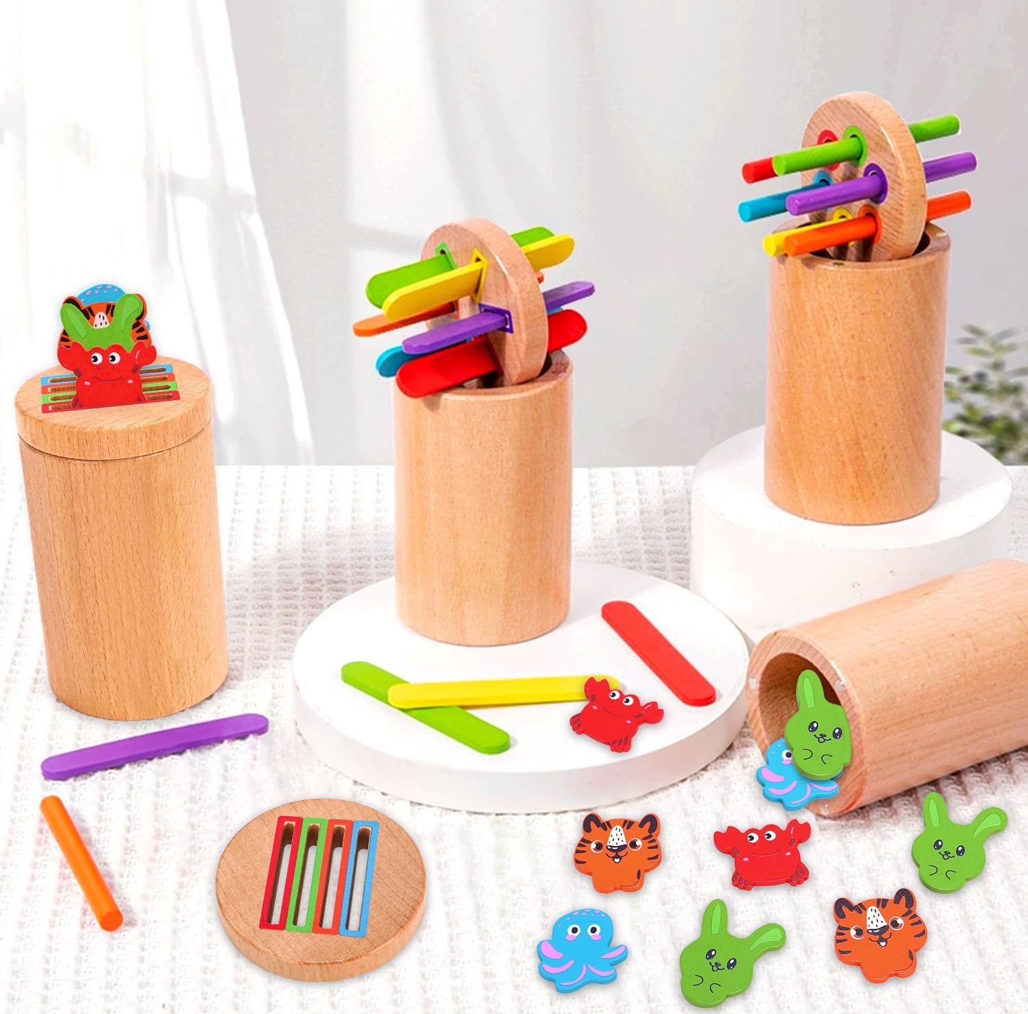 Diancy Montessori Toys, 3 in 1 & 37pcs Wooden Color Sorting Toys for Toddler 36month+Preschool Learning Activities Educational Fine Motor Skill Sensory Matching Game, Birthday Gifts for Boys Girls