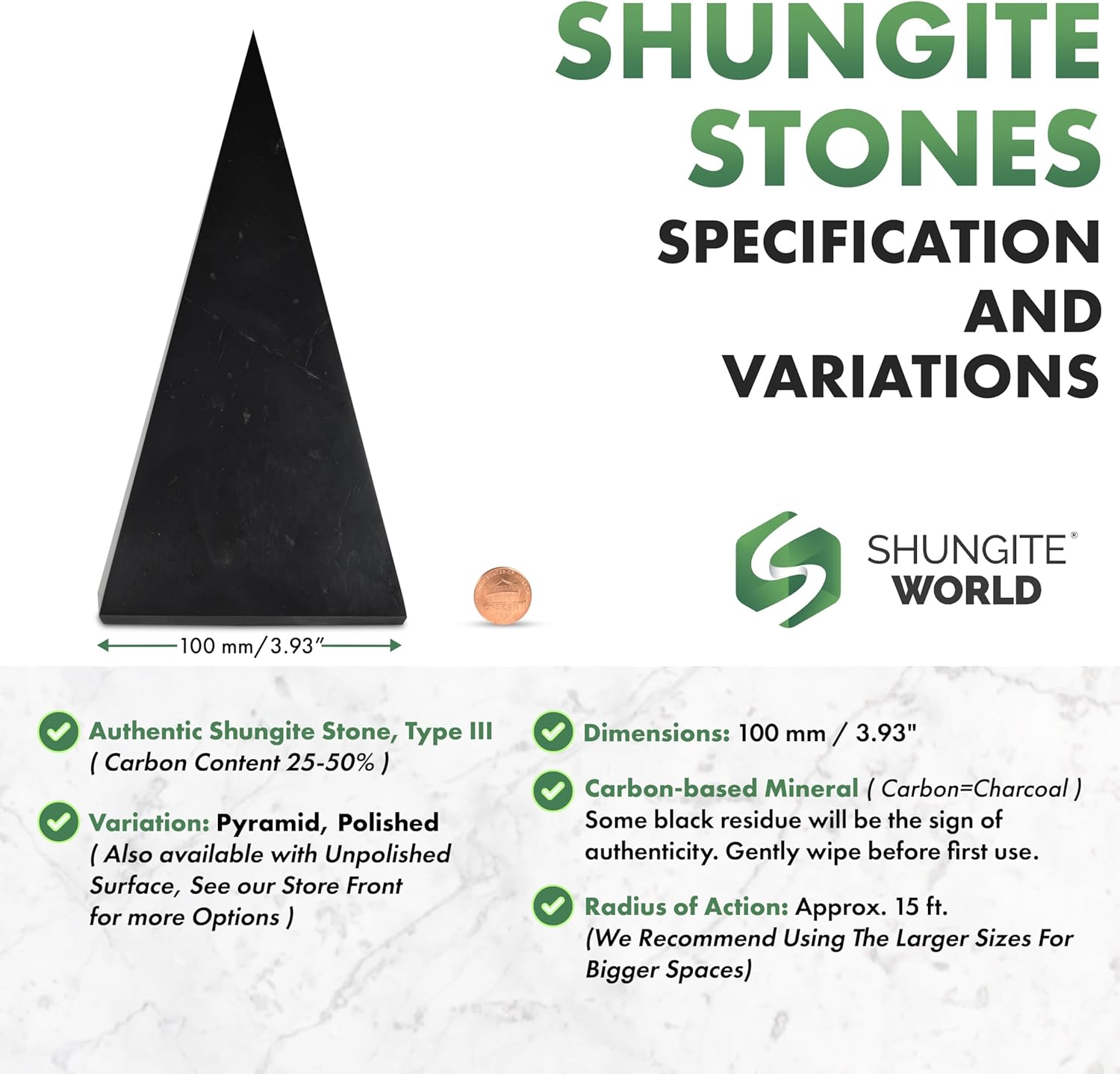 Shungite World Authentic Tall Shungite Pyramid Polished 100 mm / 3.93" Chakra Energy Natural Healing Crystal Real Black Pyramid Home Office Protection Desk Decor Meditation Reiki Grounding Stone