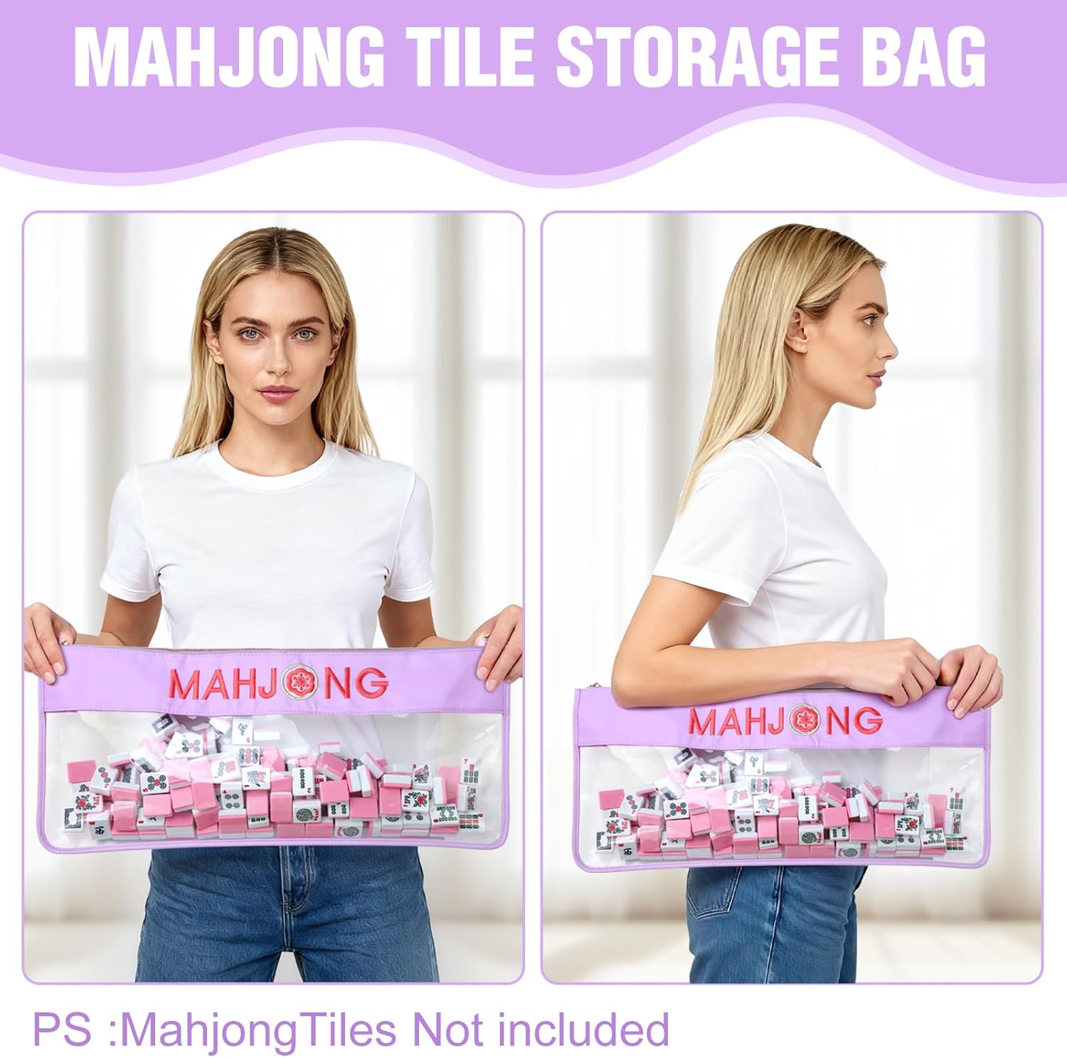 American Mahjong Tile Bag – Empty Zippered Case with Clear PVC & Glitter Letter Embroidery – Holds 166 Tiles