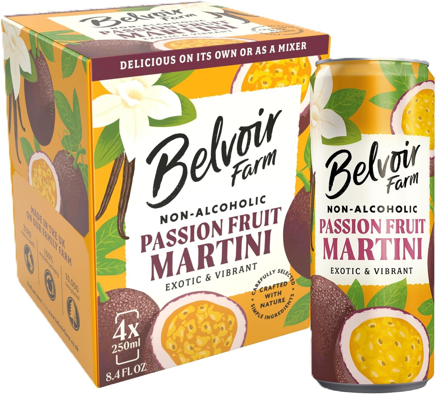 Belvoir Farm - Non-Alcoholic Passionfruit Martini, Exotic and Vibrant, 100% Natural Tropical Fruit Juices, Crafted with Nature, Gluten Free, Suitable for Vegetarians & Vegans 4x250ml