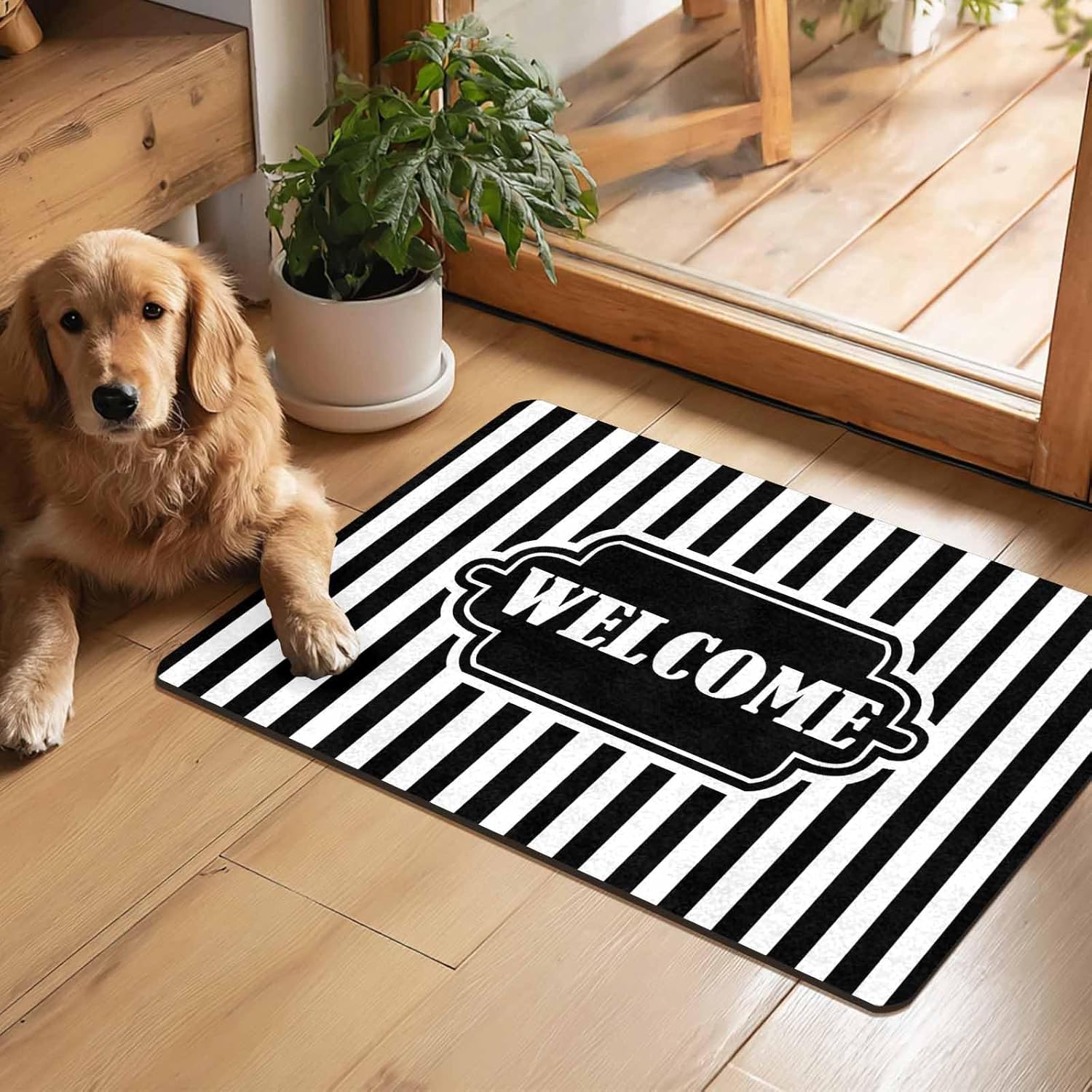 Striped Black and White Rug Outdoor,Welcome Door Mat for Front Door, Welcome Signs Mat for Entryway, Porch or Patio, Bathroom, Kitchen and Garage Non-Slip Rubber Backing Outdoor Rug 30"x18"