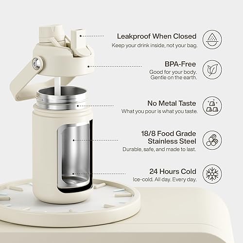 Miniatura 620 de ENCOOL Botella de agua aislada con popote, de acero inoxidable, a prueba de fugas, sin BPA, al vacío de doble pared que se mantiene fría durante 24