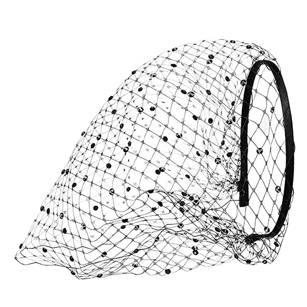 ccHuDE Mesh Veil Headband Tea Party Fascinator Veil Bridal Wedding Veil Hairband 1920s Elegant Mesh Headpiece with Rhinestone for Woman Girl Black