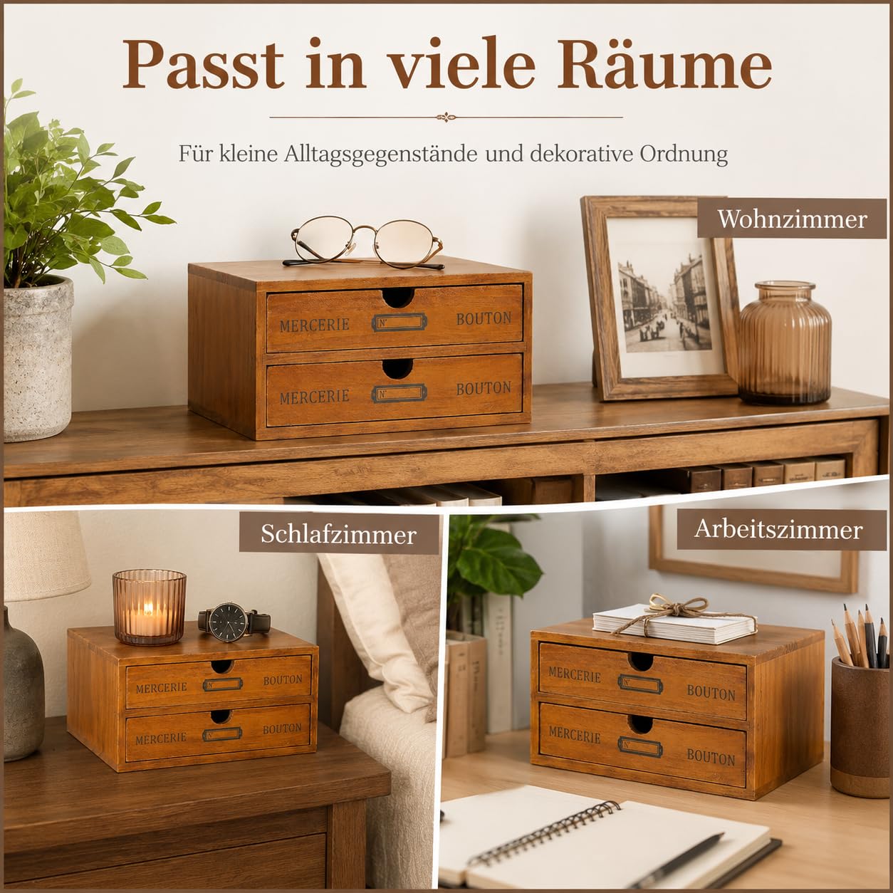 Schubladenbox Holz 24.5 x 17.5 x 12.5 cm Vintage Stil doppelschichtig stabile Aufbewahrung Schreibtisch Organizer für Büro Wohnzimmer Schlafzimmer Ordnung