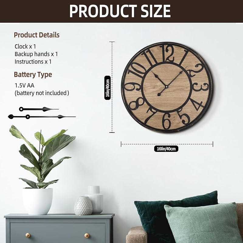 Ceas de perete rustic Maxstar cu funcționare silențioasă, cifre arabe, pe baterii, pentru living, dormitor, birou, 16 inchi, negru