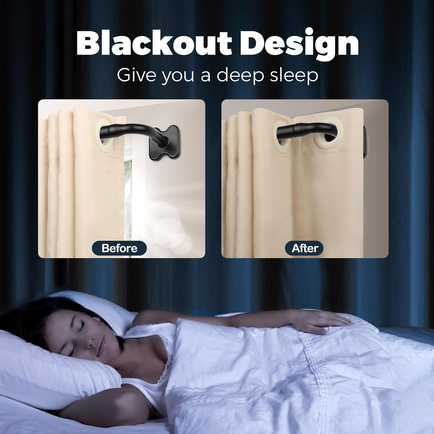 Black Wrap Around Curtain Rod for Windows 48 to 84 Inch and 2 Pack Curtain Holdbacks for Wall with Black Translucent Finials, Room Darkening Drapery Rods(bundles)