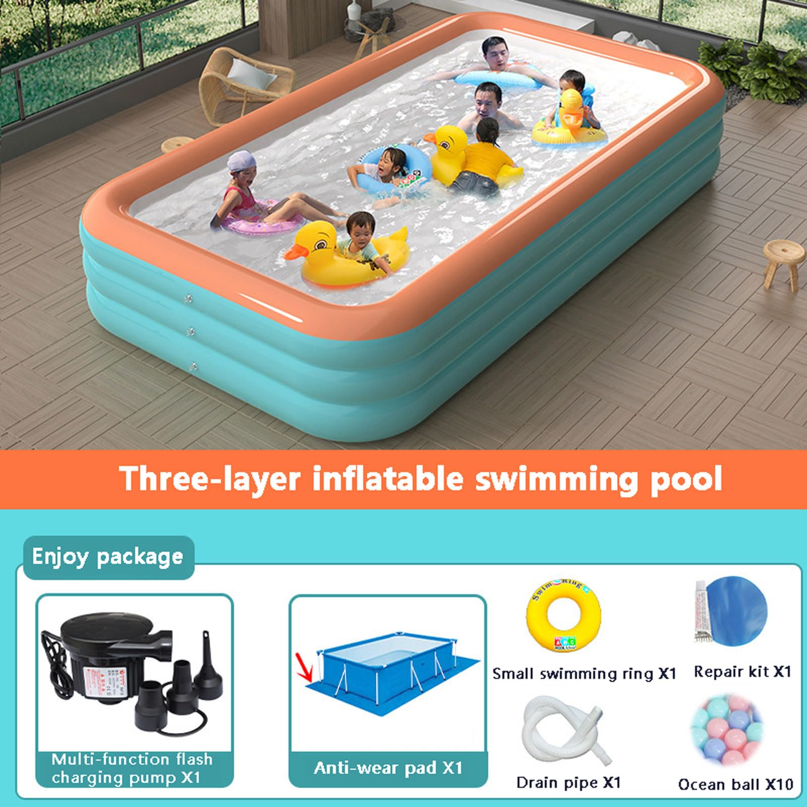 Piscina hinchable familiar para niños y adultos 318*180*65cm,3 capas Plegable Piscina infantil grande de PVC reforzado ,Con bomba de aire y parche reparador,para Jardín Interior al Aire Libre