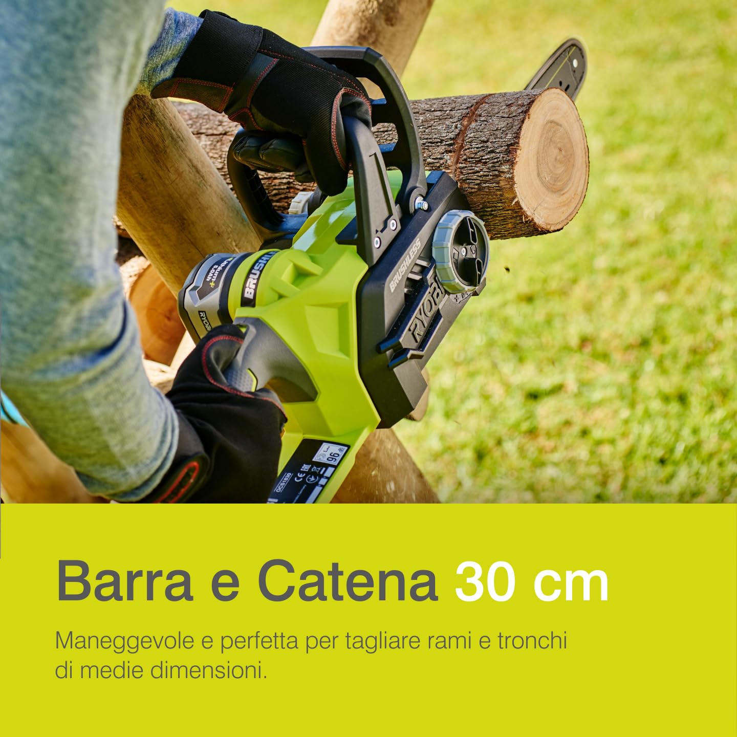Ryobi OCS1830 Elettrosega Brushless A Batteria 18V ONE+, Impugnatura Ergonomica, Freno Catena Automatico, Batteria Non Inclusa, Barra 30 Cm, Velocità Catena 10m/s