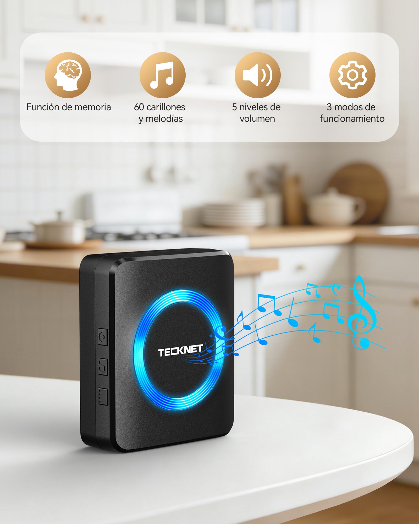 TECKNET Timbre inalámbrico con batería, mini timbre inalámbrico de 400 m, IP65, resistente al agua, juego de timbre inalámbrico para exteriores, 5 niveles de volumen, timbre de puerta y 60 melodías
