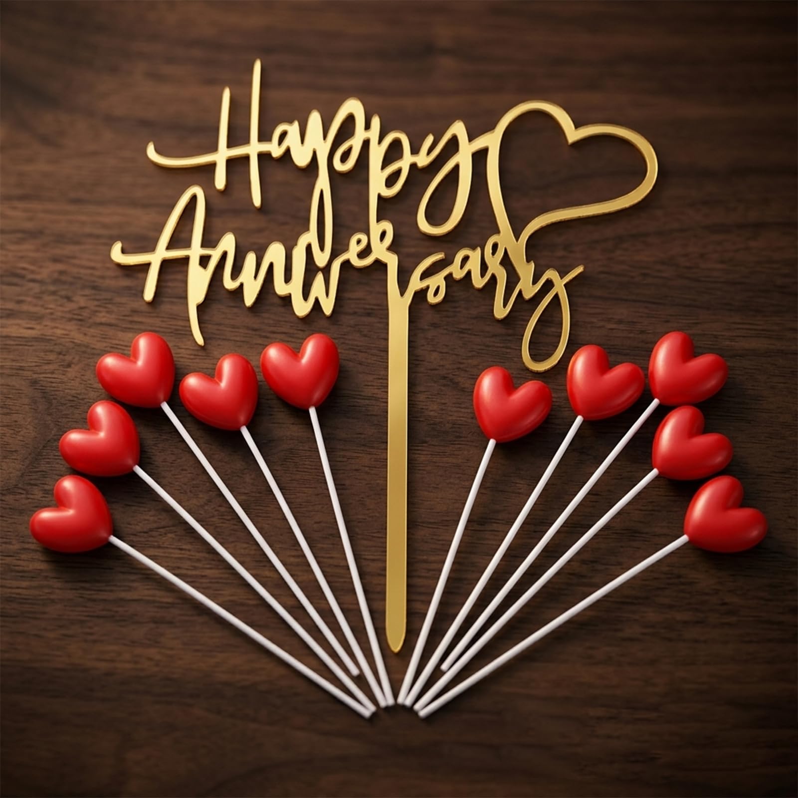 Happy Anniversary Cake Topper - Acrylic Golden "Happy Anniversary" Sign with 10 Red Heart Toppers (11pcs Set) - Elegant Cake Decorations for Couples Anniversary Party