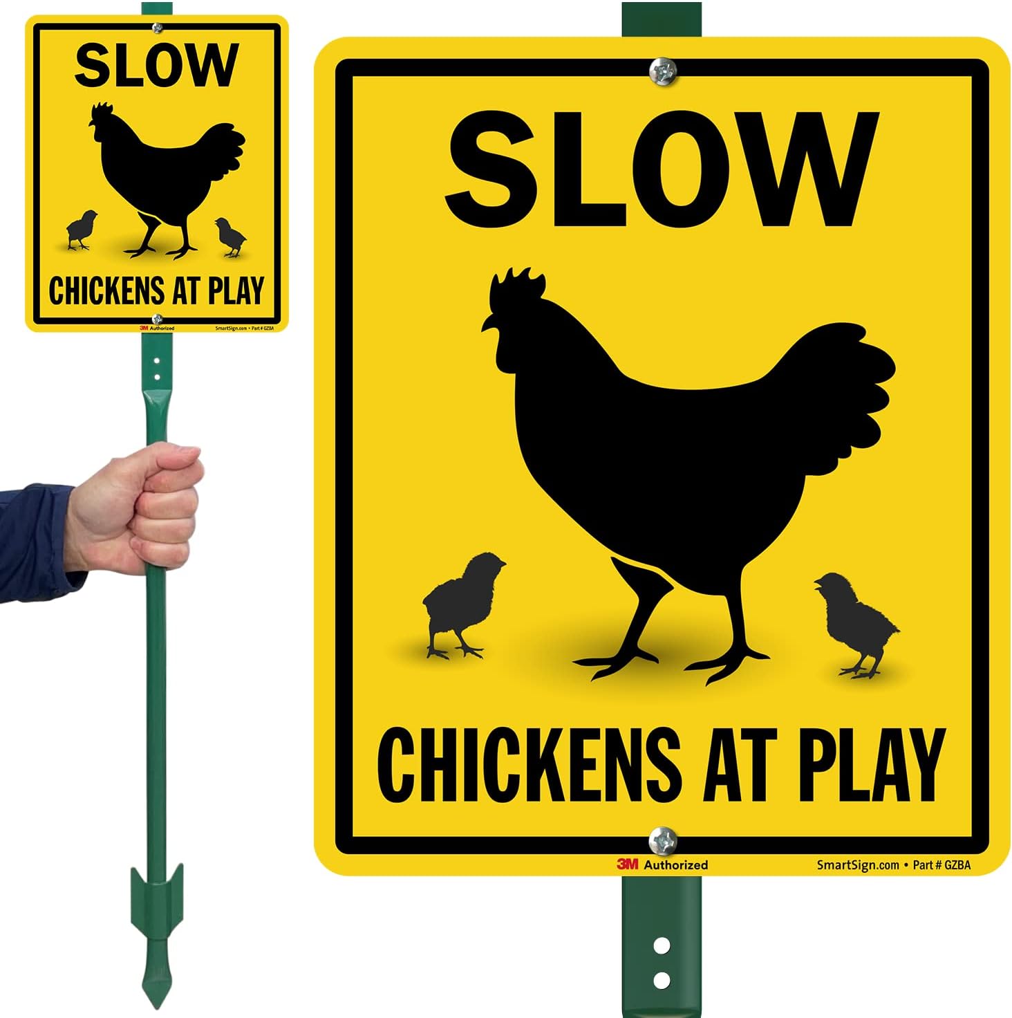 SmartSign 12 x 10 inch “Slow - Chickens At Play” Yard Sign with 3 foot Stake, 40 mil Aluminum, 3M Laminated Engineer Grade Reflective Material, Black and Yellow, Set of 1, Made in USA