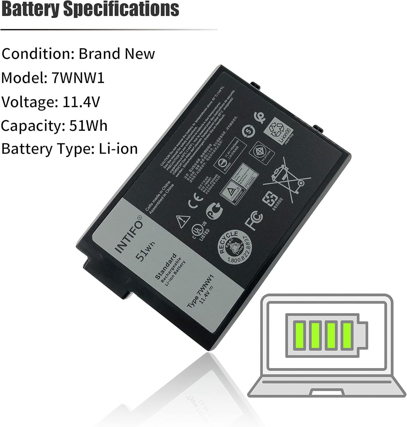 51Wh 7WNW1 Laptop Battery Compatible with Dell Latitude 5420 5424 7424 Rugged Extreme Series Notebook 0GK3D3 GK3D3 0DMF8C DMF8C 06NNCF 6NNCF 0DP3KF DP3KF [11.4V 51Wh 3-Cell]