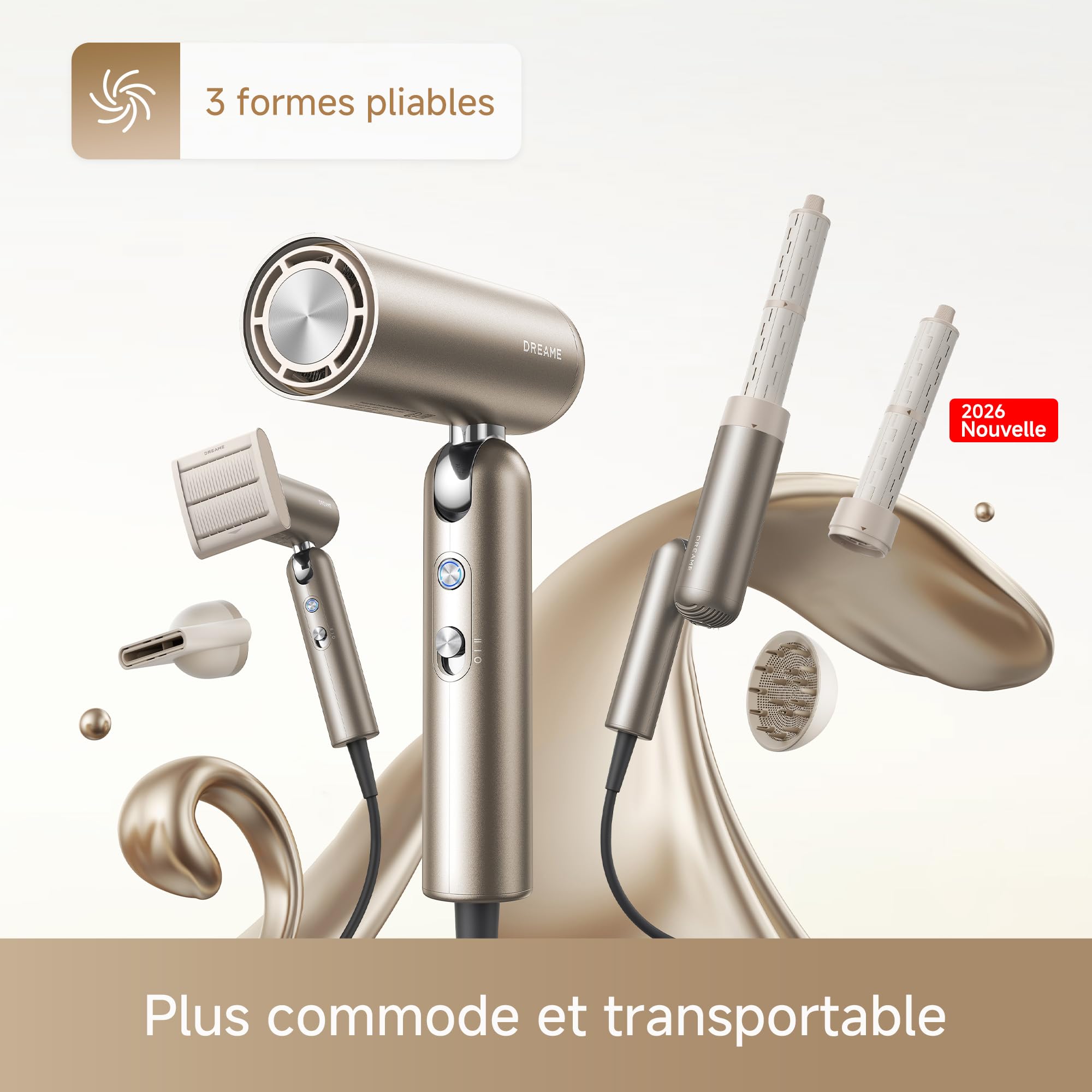 DREAME Pocket Pro, 3 formes pliables, 300 g, moteur de 110 000 tr/min, 300 millions d'ions négatifs/cm³, température constante de 57°C, séchage NTC 40 s, 2026 Nouvelle Version