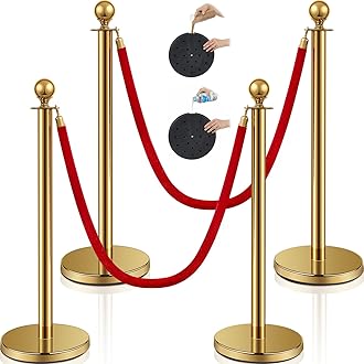 Ferraycle 4 Pcs Stainless Steel Stanchion Post Queue 5 ft Velvet Carpet Ropes and Pole Crowd Control Barriers Grand Opening Casino Theme Party Decorations 360 Photo Booth Accessories (Gold)