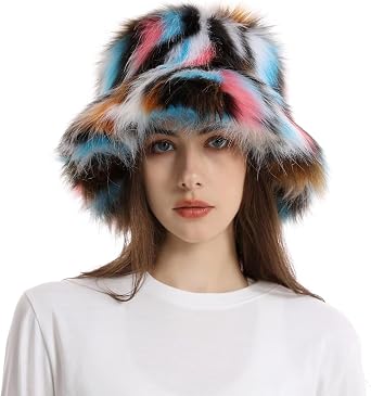 Fluffy Bucket Hat for Women Girls Faux Fur Fishman Cap Warm Fuzzy Headwear Trendy Winter Accessories