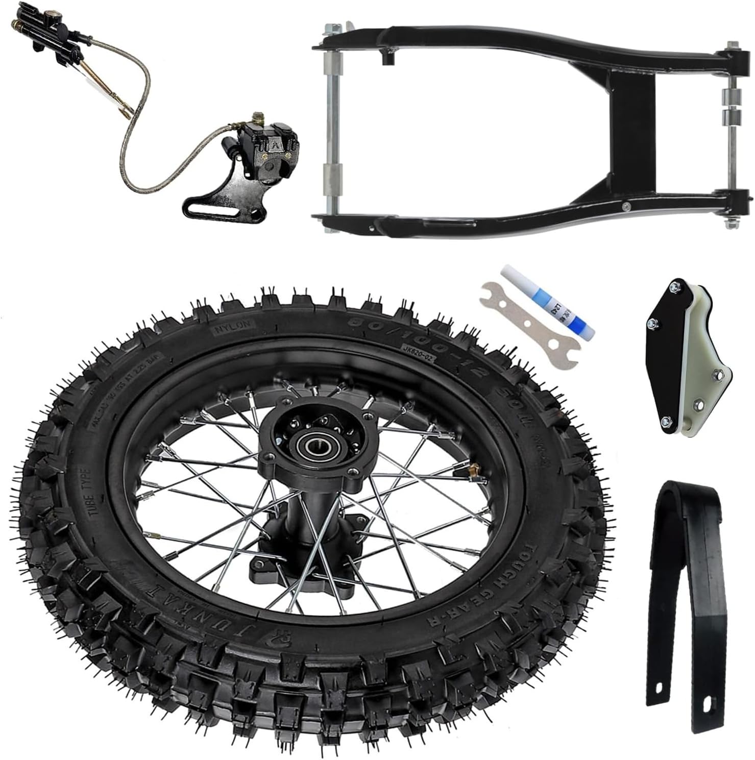 80/100-12 Rear Wheel with 1.85x12 Rim 3.00-12 Inner Tube 15mm Bearing Combo, Swingarm & Guard, Brake Caliper – for 110cc-150cc Dirt Pit Bike, Pocket Monkey Bike, Off-Road Motorcycle