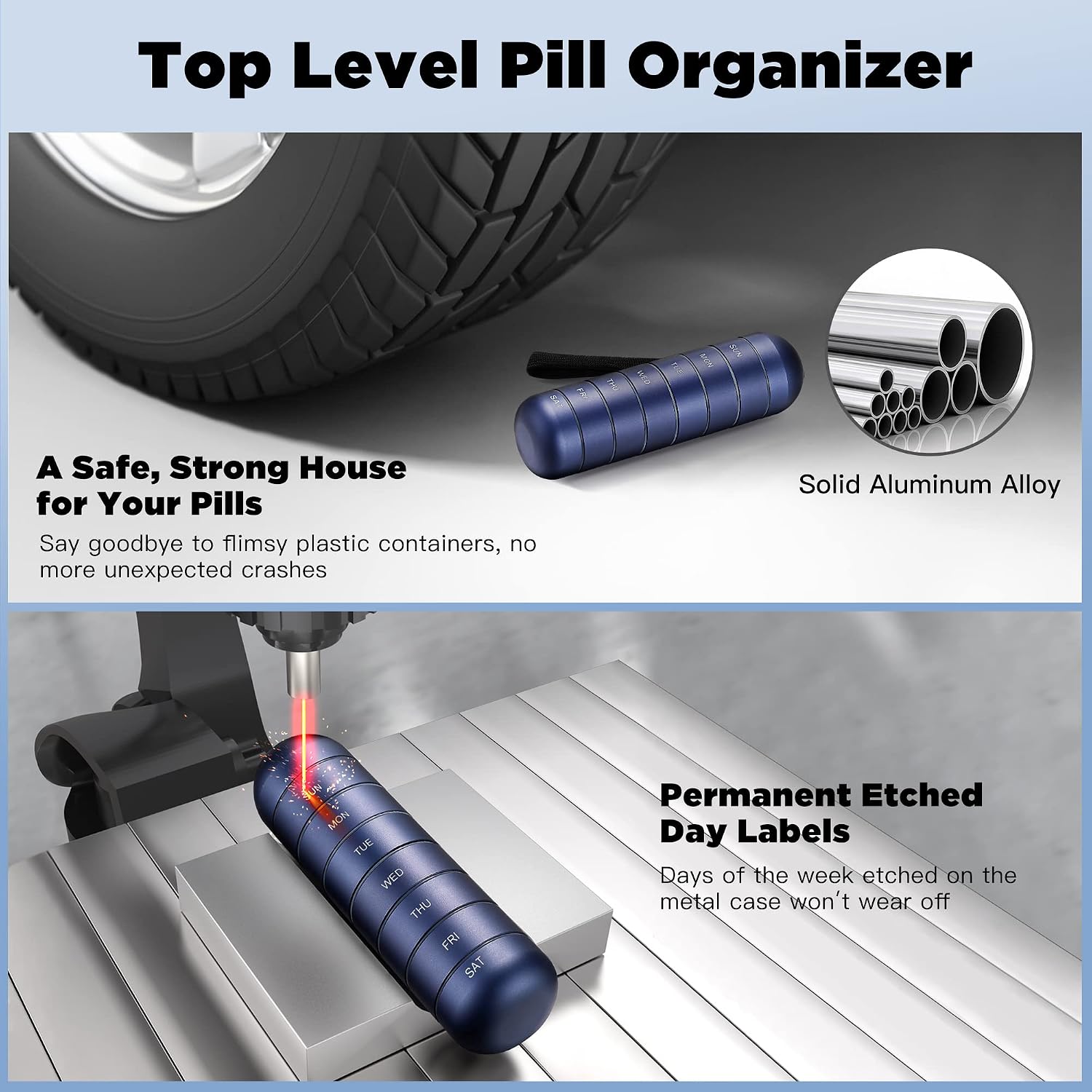 Zannaki Metal Moisture Proof Weekly Pill Organizer, Stackable Aluminum Alloy BPA Free Travel Hiking 7 Day Pill Box Case Waterproof and Large Compartment to Hold Pills, Vitamins, Fish Oil, Supplements