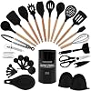 Country Kitchen Non Stick Silicone Utensil Set with Rounded Wood Handles for Cooking and Baking, 38 Piece Set, Black