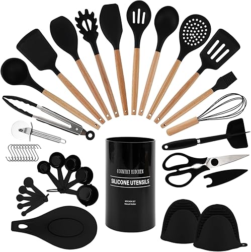 Country Kitchen Juego de utensilios de cocina Juego de 38 espátulas de silicona antiadherentes con soporte, asas de madera y utensilios resistentes