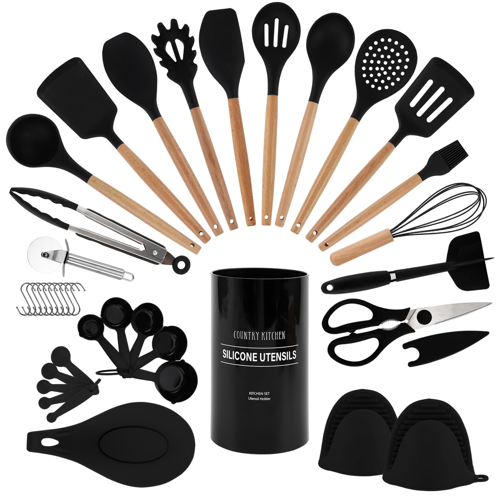Country Kitchen Cooking Utensils Set - 38 pcs Non-stick Silicone Spatula Set with Holder, Wooden Handles and Heat Resistant Gadgets Utensil