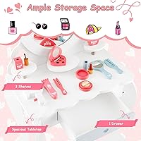 Vista 4 de HONEY JOY Vanity - Juego de mesa y silla de maquillaje de madera para niños, 10 piezas de accesorios de vestidor, espejo de princesa de tres